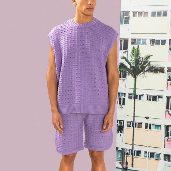 Men’s summer fashion
Knit two-piece set for men
Sleeveless men’s outfit
Trendy streetwear for men
Stylish vacation outfit
Breathable summer set