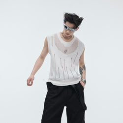 Sleeveless knit top
Distressed mesh tank
Edgy streetwear fashion
Techwear sleeveless shirt
Avant-garde knitwear
Unisex alternative fashion
Grunge aesthetic top
High-fashion statement piece
Breathable summer tank
Minimalist mesh top