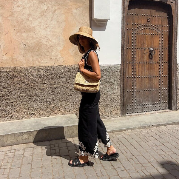 Boho black two-piece set
Embroidered summer outfit
Chic vacation outfit for women
Stylish wide-leg pants set
Resort wear fashion 2024
Bohemian matching set