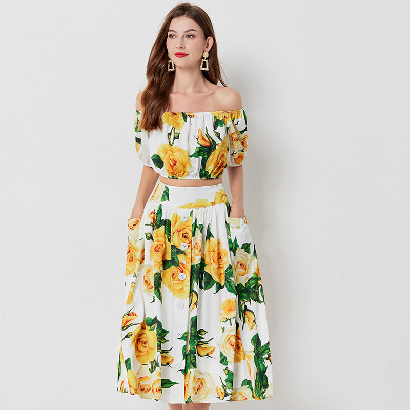 Women’s floral co-ord set
Summer two-piece outfit
Off-shoulder crop top set
Vacation outfit for women
Elegant summer dress set
Yellow floral skirt set
Stylish resort wear