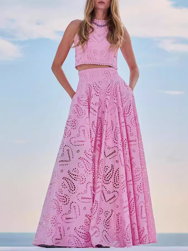 Pink two-piece set
Crop top and maxi skirt
Elegant summer outfit
Eyelet lace dress set
Wedding guest outfit
Vacation fashion dressVacation dress for women
Beach getaway outfit
Summer resort wear
Tropical vacation dress
Maxi skirt and crop top set