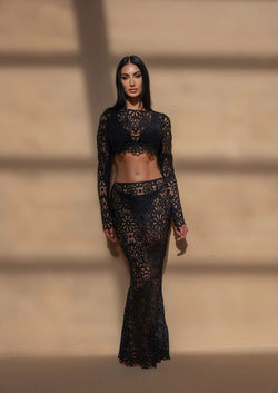 Black lace two-piece set
Sheer floral lace outfit
Elegant boho maxi skirt and top
Beach wedding guest dress
Vacation fashion for women
Chic honeymoon outfit