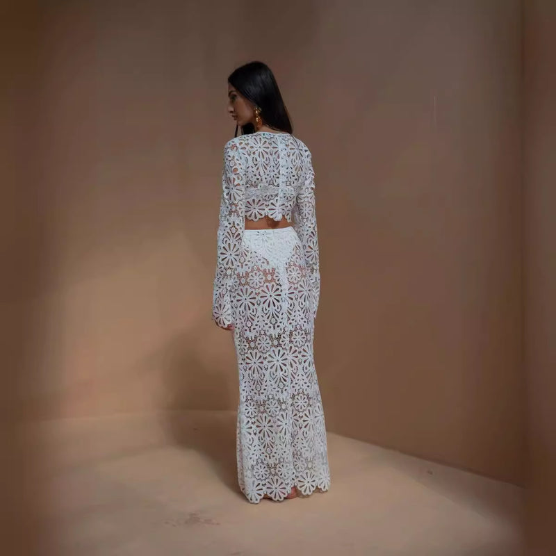 white lace two-piece set
Sheer floral lace outfit
Elegant boho maxi skirt and top
Beach wedding guest dress
Vacation fashion for women
Chic honeymoon outfit