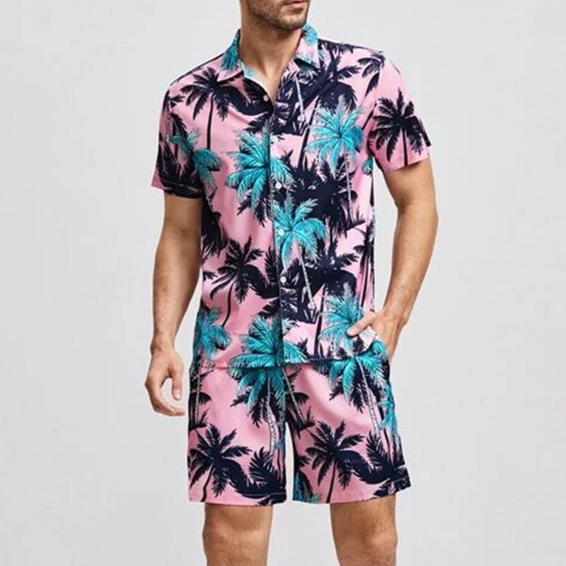 Men’s tropical two-piece set
Hawaiian vacation outfit
Summer beachwear for men
Palm tree print shirt and shorts
Lightweight resort wear
Trendy men’s vacation outfit