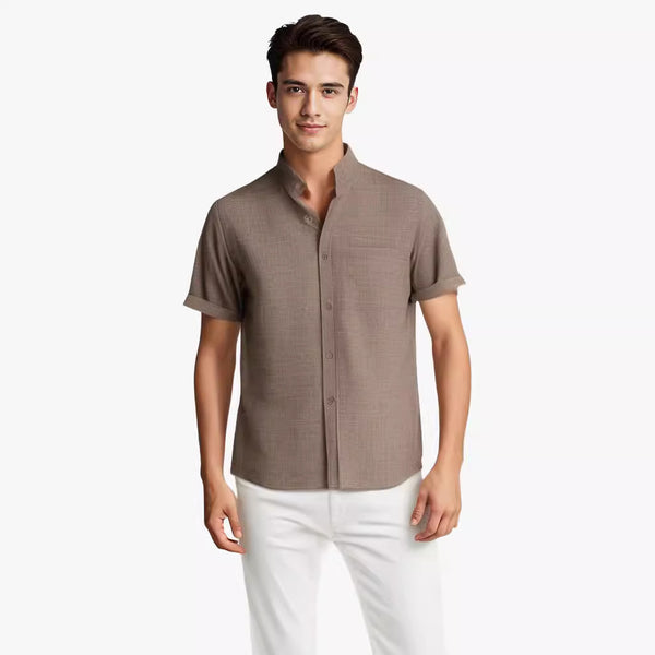 Men’s mandarin collar shirt
Short sleeve button-up shirt
Casual summer shirt for men
Lightweight men’s fashion
Breathable cotton shirt