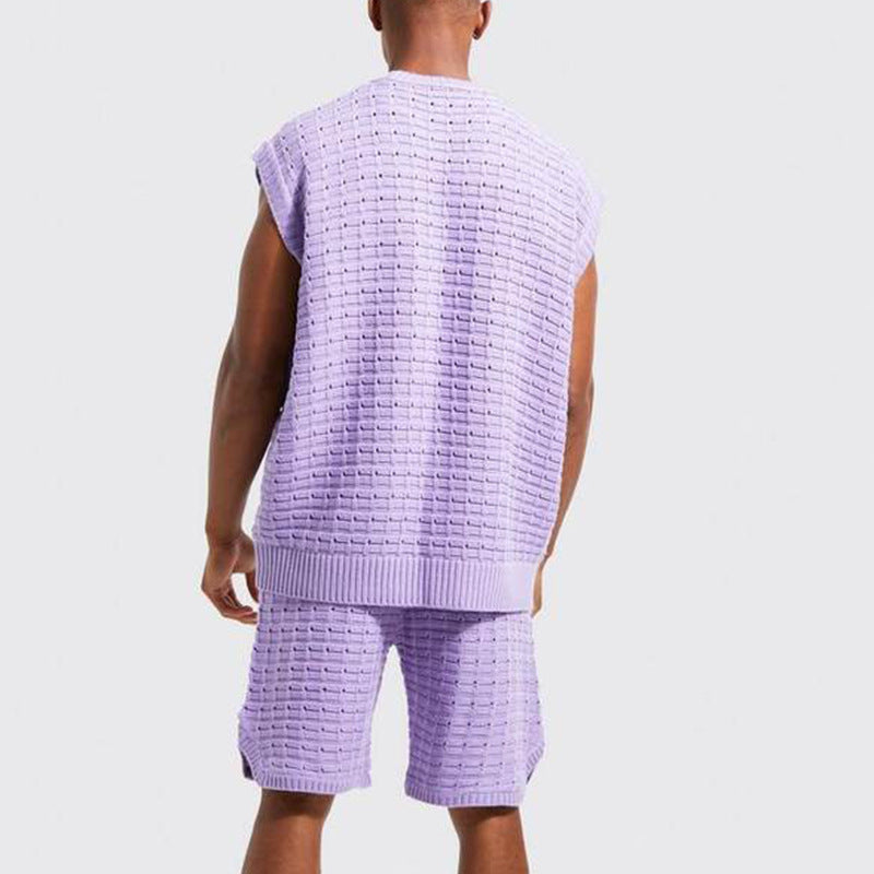 Men’s summer fashion
Knit two-piece set for men
Sleeveless men’s outfit
Trendy streetwear for men
Stylish vacation outfit
Breathable summer set