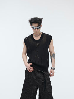 Sleeveless knit top
Distressed mesh tank
Edgy streetwear fashion
Techwear sleeveless shirt
Avant-garde knitwear
Unisex alternative fashion
Grunge aesthetic top
High-fashion statement piece
Breathable summer tank
Minimalist mesh top