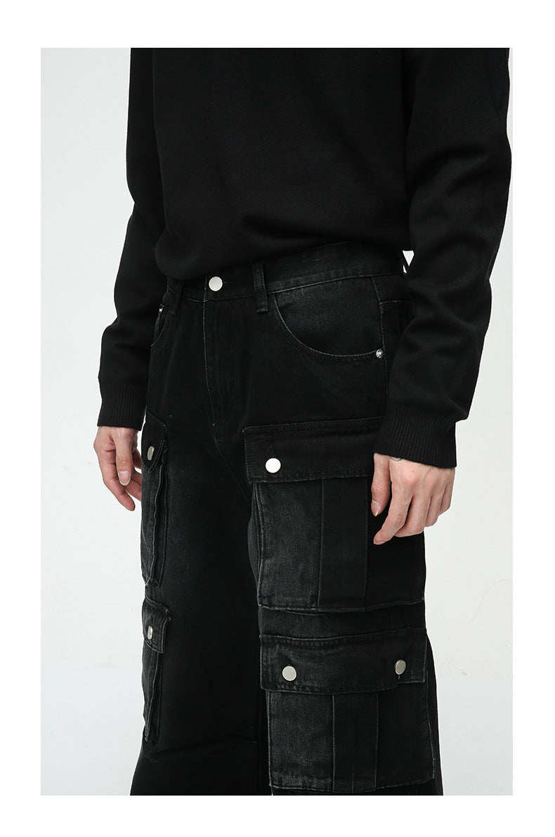 men's black cargo pants, wide-leg cargo pants, utility pants, high-waisted, multi-pocket, oversized, streetwear, cargo pants with pockets, relaxed fit, durable fabric, men’s pants, heavy-duty fabric, snap pockets, cargo pants for streetwear, functional design, trendy utility pants, black utility pants, men’s street style, relaxed oversized fit, versatile utility pants, basic tee styling, on-the-go wardrobe, modern utility fashion,