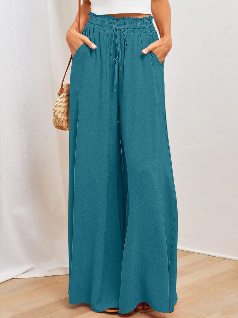 Drawstring Wide Leg Palazzo Pants - High Waisted Beach Trousers