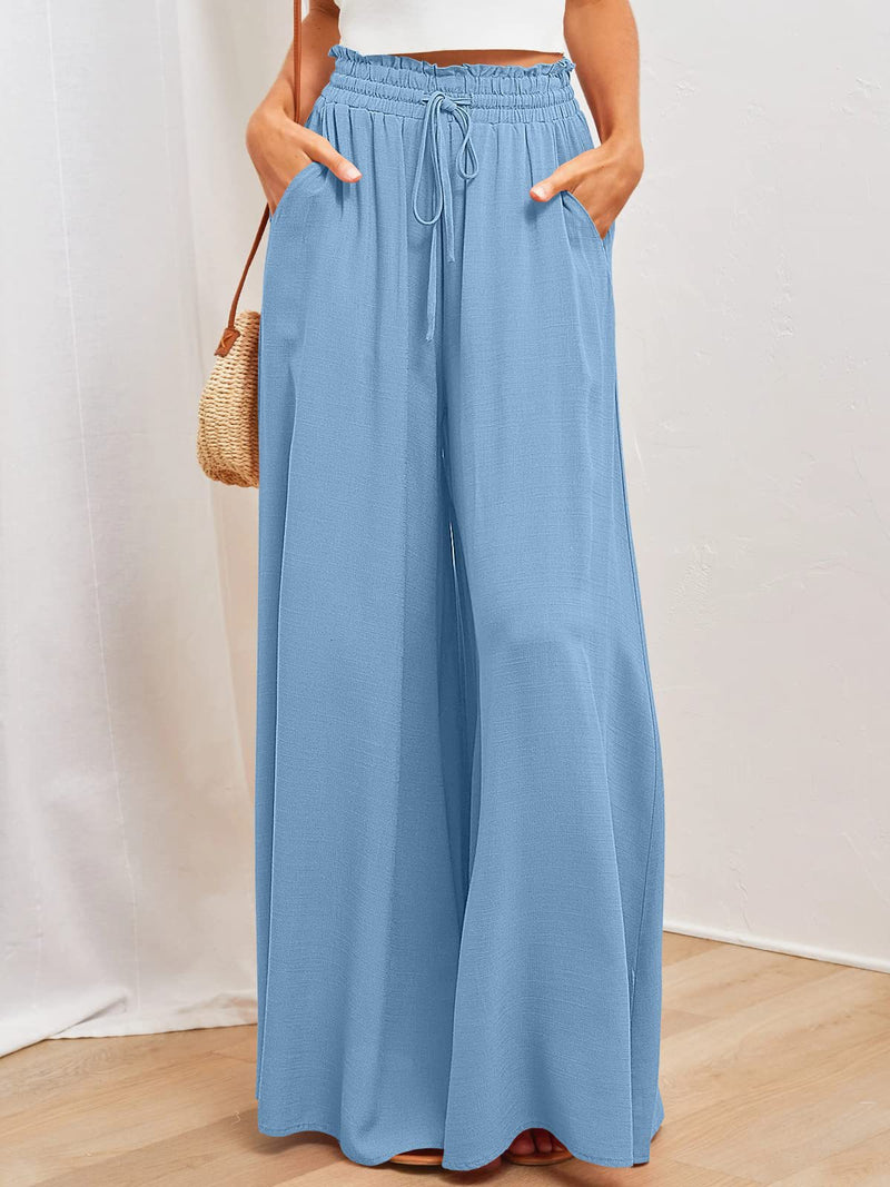 Drawstring Wide Leg Palazzo Pants - High Waisted Beach Trousers