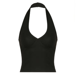 Black Halter Neck Plunge Crop Top – Sexy Sleeveless Fitted Tank