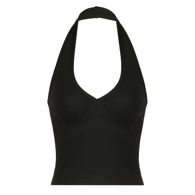 Black Halter Neck Plunge Crop Top – Sexy Sleeveless Fitted Tank