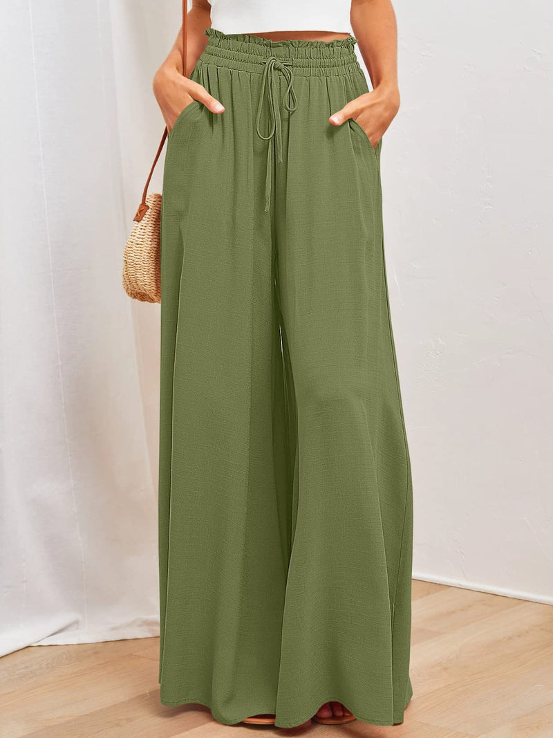 Drawstring Wide Leg Palazzo Pants - High Waisted Beach Trousers