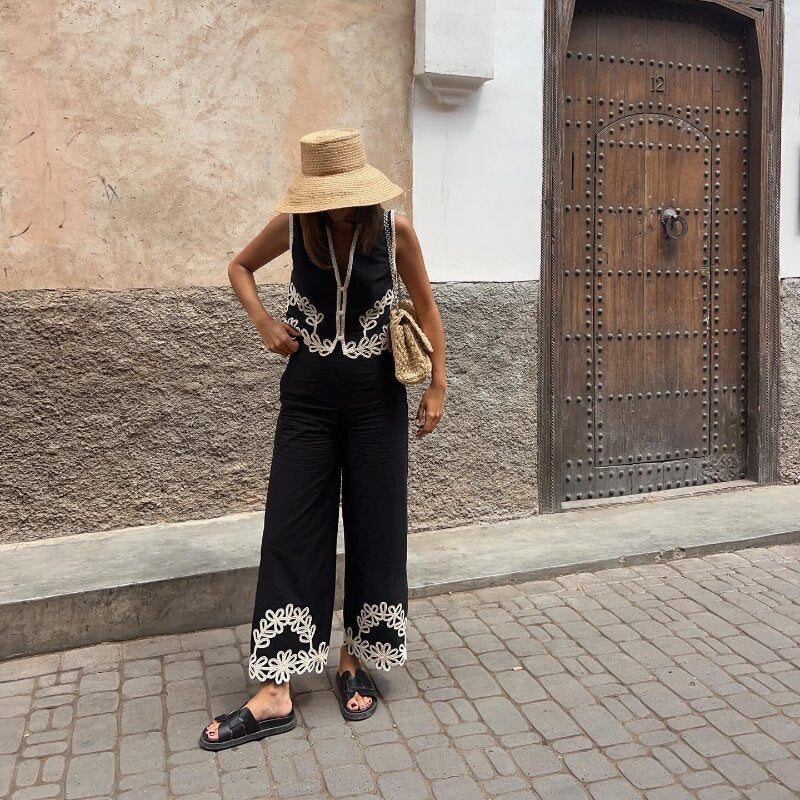 Boho black two-piece set
Embroidered summer outfit
Chic vacation outfit for women
Stylish wide-leg pants set
Resort wear fashion 2024
Bohemian matching set