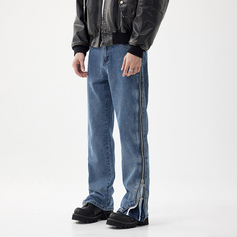 Men's denim jeans,
Light blue baggy jeans,
Relaxed fit denim,
Side zipper jeans,
Contrast stripe pants,
Baggy fit men's jeans,
Wide-leg denim trousers,
Streetwear men's jeans,
Fashionable casual jeans,
Oversized light wash jeans,
Urban style denim,
Bold zipper accents,
Men's casual trousers,
Trendy wide-leg pants,
Unique design denim,
Men's light wash denim,
Comfortable baggy jeans,
High-quality denim pants,
Relaxed fit with zipper detail,
Durable men's casual jeans,