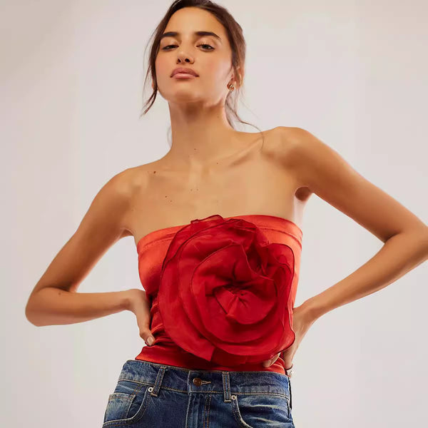 Red corset top
Floral bustier top
Strapless satin top
Elegant party top
Statement fashion piece