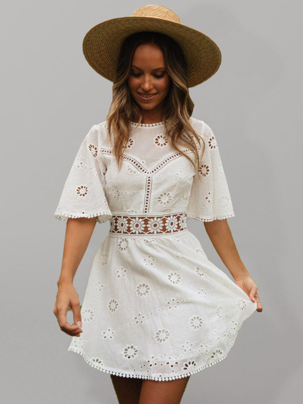 White lace mini dress
Boho summer dress
Eyelet embroidery dress
Beach vacation outfit
Chic casual dress
Summer festival fashion
Elegant resort wear
Short white dress for women