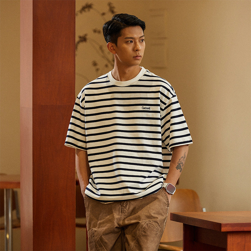 Men's striped T-shirt
Vintage loose-fit T-shirt
Oversized streetwear T-shirt
Retro casual T-shirt for men
Classic horizontal stripe tee