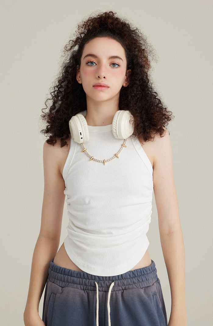 High-neck sleeveless top
Y2K fashion top
Ruched tank top
Vintage washed top
Trendy streetwear top
Minimalist aesthetic clothing
Casual chic sleeveless top