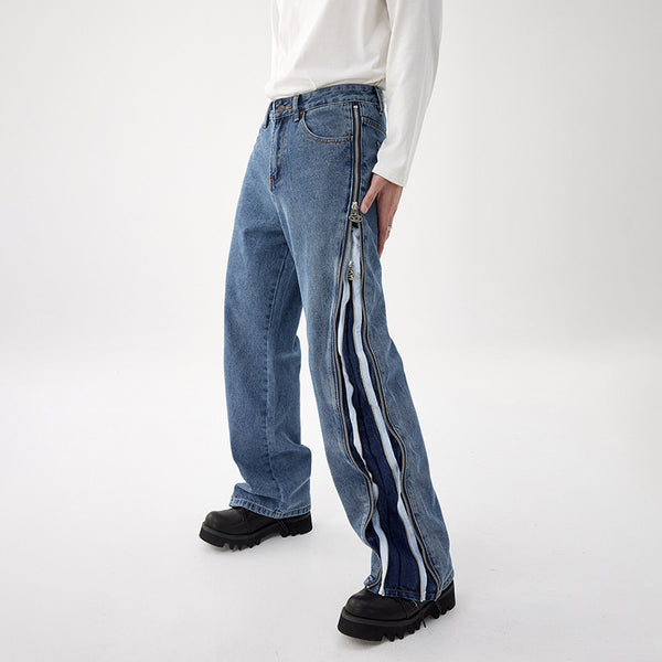 Men's denim jeans,
Light blue baggy jeans,
Relaxed fit denim,
Side zipper jeans,
Contrast stripe pants,
Baggy fit men's jeans,
Wide-leg denim trousers,
Streetwear men's jeans,
Fashionable casual jeans,
Oversized light wash jeans,
Urban style denim,
Bold zipper accents,
Men's casual trousers,
Trendy wide-leg pants,
Unique design denim,
Men's light wash denim,
Comfortable baggy jeans,
High-quality denim pants,
Relaxed fit with zipper detail,
Durable men's casual jeans,