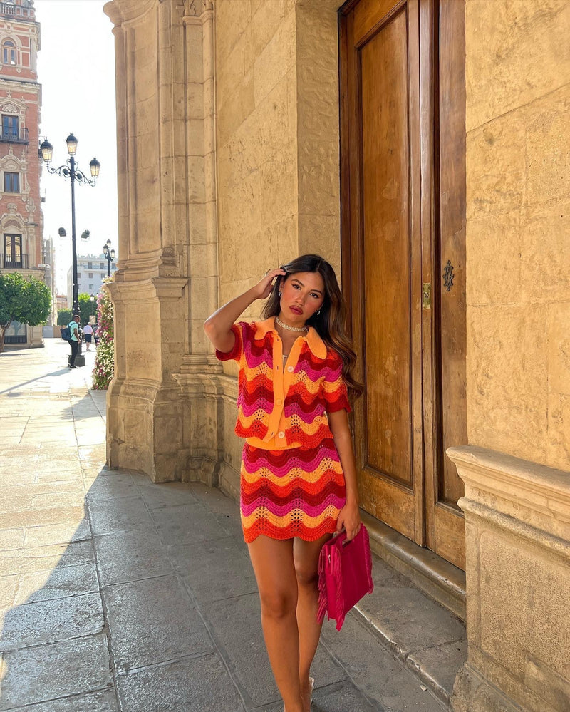 Women’s crochet two-piece set
Retro co-ord outfit
Summer festival fashion
Colorful crochet skirt and top
Boho chic outfit for women
Trendy vacation outfits