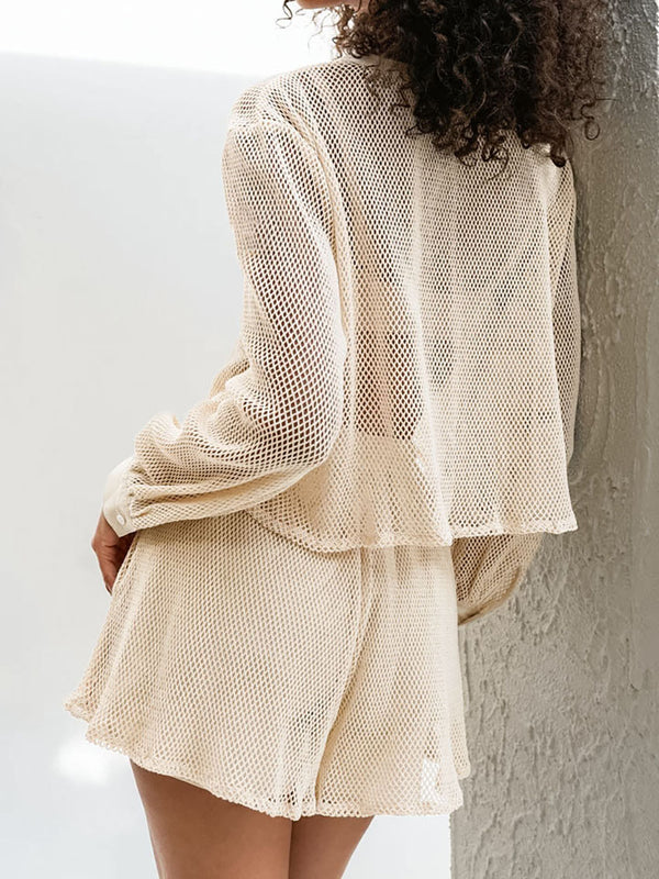 Sheer mesh lounge set
Two-piece beach cover-up
Summer co-ord set for women
Lightweight vacation outfit
Trendy see-through cardigan and shorts
Resort wear fashion 2025