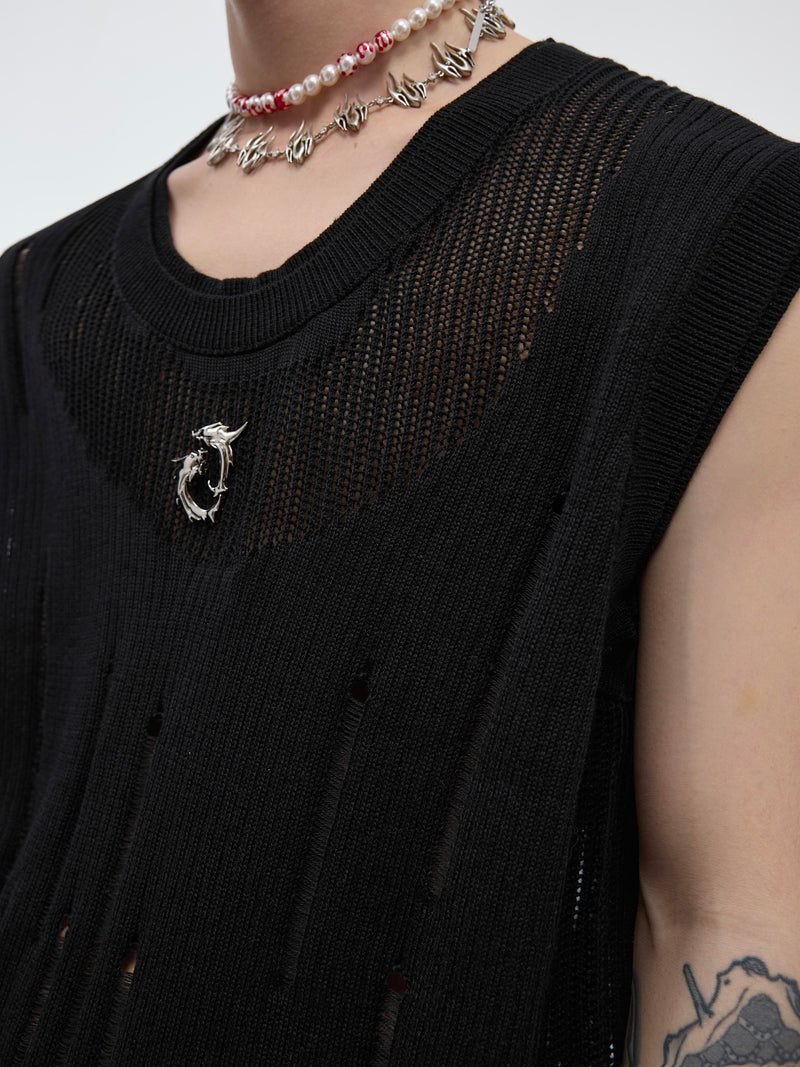Sleeveless knit top
Distressed mesh tank
Edgy streetwear fashion
Techwear sleeveless shirt
Avant-garde knitwear
Unisex alternative fashion
Grunge aesthetic top
High-fashion statement piece
Breathable summer tank
Minimalist mesh top
