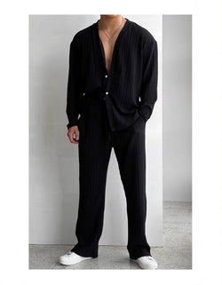Men's lounge set
Pleated outfit for men
Relaxed fit clothing
Minimalist men's fashion
Luxury casual wear