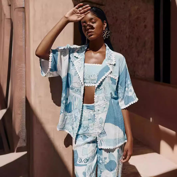 Boho-chic printed shirt and trousers set
Summer co-ord set for women
Wide-leg pants and button-down shirt
Elegant bohemian outfit
Lightweight vacation wear
Trendy summer matching se