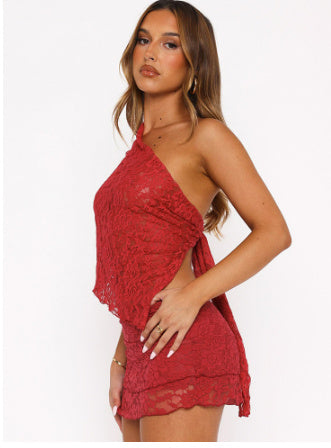 Red lace two-piece set
One-shoulder crop top and mini skirt
Sexy summer club outfit
Sheer lace matching set
Vacation party outfit
Festival fashion for women