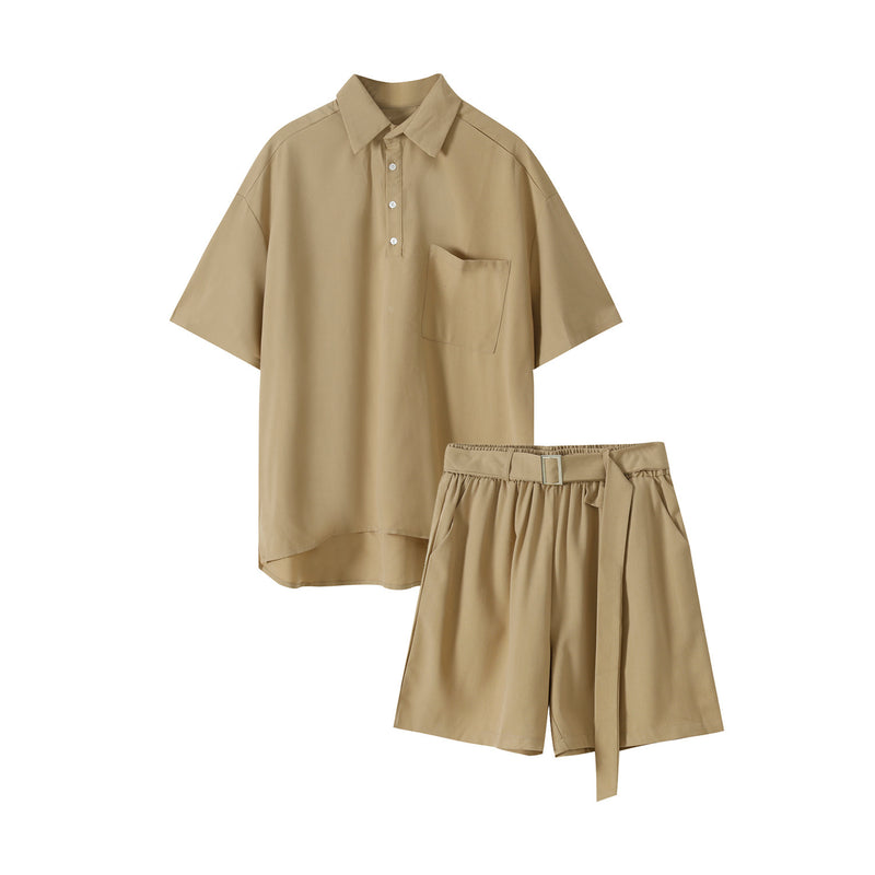 Men’s black two-piece set
Stylish summer outfit for men
Minimalist fashion for men
Trendy belted shorts for men
Casual men’s streetwear set
Korean-style men’s fashion