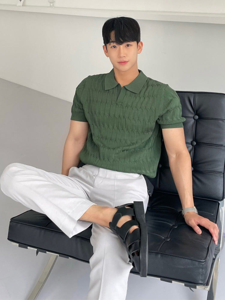 Men's knit polo shirt
Cable knit short sleeve polo
Classic men's polo shirt
Business casual polo for men
Smart-casual knitwear
Fashionable polo shirts for men