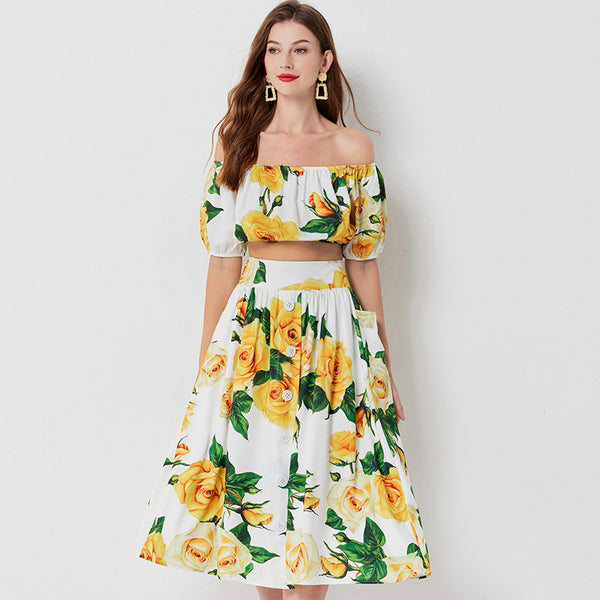 Women’s floral co-ord set
Summer two-piece outfit
Off-shoulder crop top set
Vacation outfit for women
Elegant summer dress set
Yellow floral skirt set
Stylish resort wear