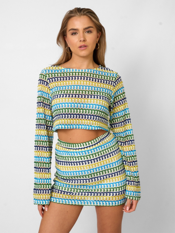 Crochet knit two-piece set
Long sleeve crop top and mini skirt
Trendy co-ord set for women
Summer vacation outfit
Stylish knitwear matching set
Fashionable crochet crop top
Colorful festival outfit
Chic beachwear two-piece
Women’s knit mini skirt set