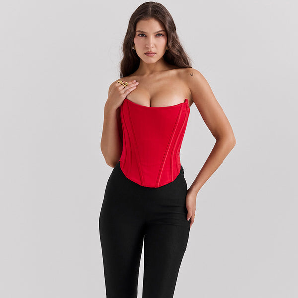 Red corset top
Strapless bustier top
Sexy corset for women
Fashionable corset top
Red bustier outfit
Women's corset for night out