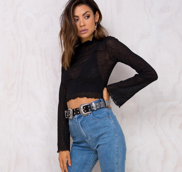 Sheer black crop top
Mesh long sleeve top
Sexy black lace blouse
Trendy night out top
See-through long sleeve shirt