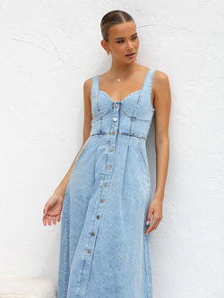 Women's Light Blue Denim Dress, Buttoned Suspender Midi Dress, Chic Casual Dress, Adjustable Suspender Dress, Lightweight Denim Dress, Stylish Midi Dress for Women, Versatile Women's Dress, Casual Day Out Dress, Breathable Denim Fashion, Comfortable Women's Dress, Trendy Denim Dress, Effortless Style for Women, Women's Casual Midi Dress, Denim Fashion for Women, 