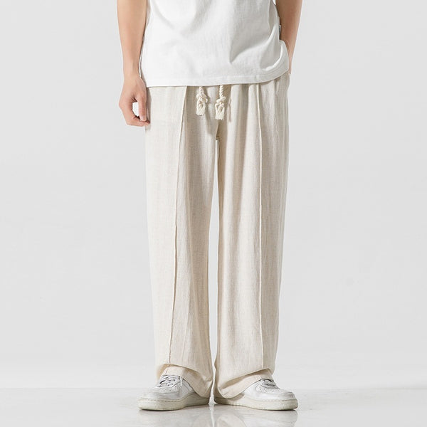 Men’s linen pants, wide leg linen trousers, drawstring pants men, rope tie pants, natural fabric trousers, loose fit summer pants, casual beach pants, boho men’s clothing, relaxed fit men’s fashion, minimalist men’s pants