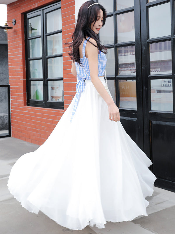 white flowy skirt, chiffon maxi skirt, summer skirts for women, A-line long skirt, beach vacation skirt, elegant white maxi, soft fabric skirt, lightweight skirt for travel, twirl skirt for summer