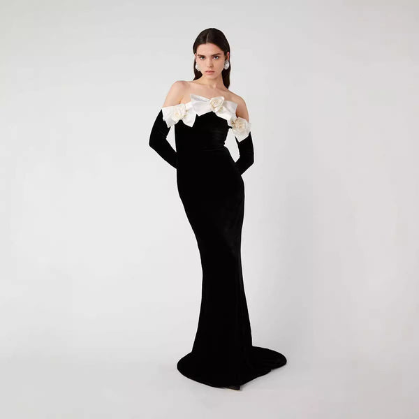 Black velvet gown, off-shoulder evening dress, white floral gown, formal black dress, gala outfit, long elegant dress, luxury evening wear, red carpet dress, fitted formal gown, women’s event dress