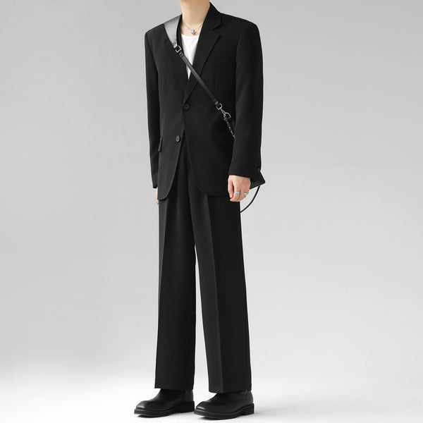 black suit for men

minimalist men's suit

Korean style blazer

modern formal wear

men's wide-leg trousers

trendy men's suits

two-piece suit set

street style suit men

relaxed fit suit

formal black outfit

fashion suit for men

Korean street fashion