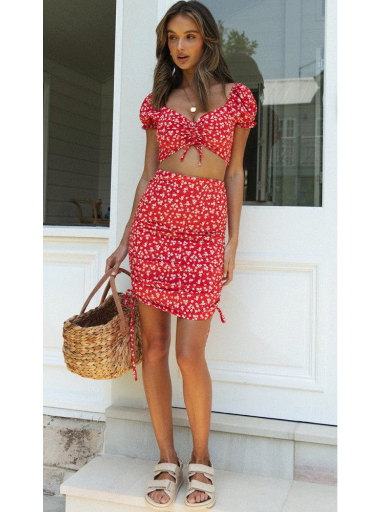 ruched puff sleeve set, boho matching skirt top, cute red floral outfit, summer picnic co-ord, two-piece summer set, women's co-ord, floral skirt set, red crop top set, vacation outfit