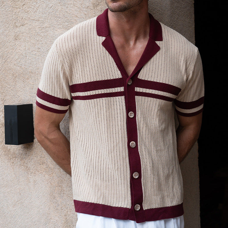 Men’s knit shirt, button-up polo shirt, textured short sleeve top, retro style shirt for men, summer resort shirt, breathable knitwear, vintage casual shirt, contrast collar shirt, lightweight men’s top, stylish beachwear