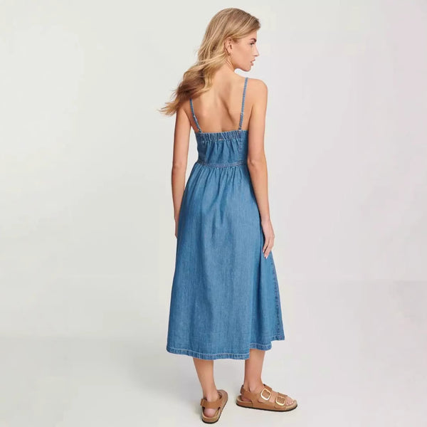 adjustable strap denim dress

button-down cotton denim midi

casual denim outfit for women

sleeveless dress for summer vacation

denim travel dress for women

simple everyday denim dress

