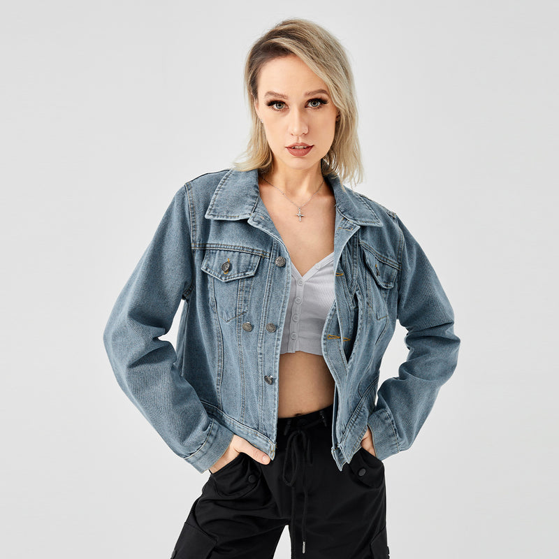 Veste en jean à manches longues pour femme, haut tendance