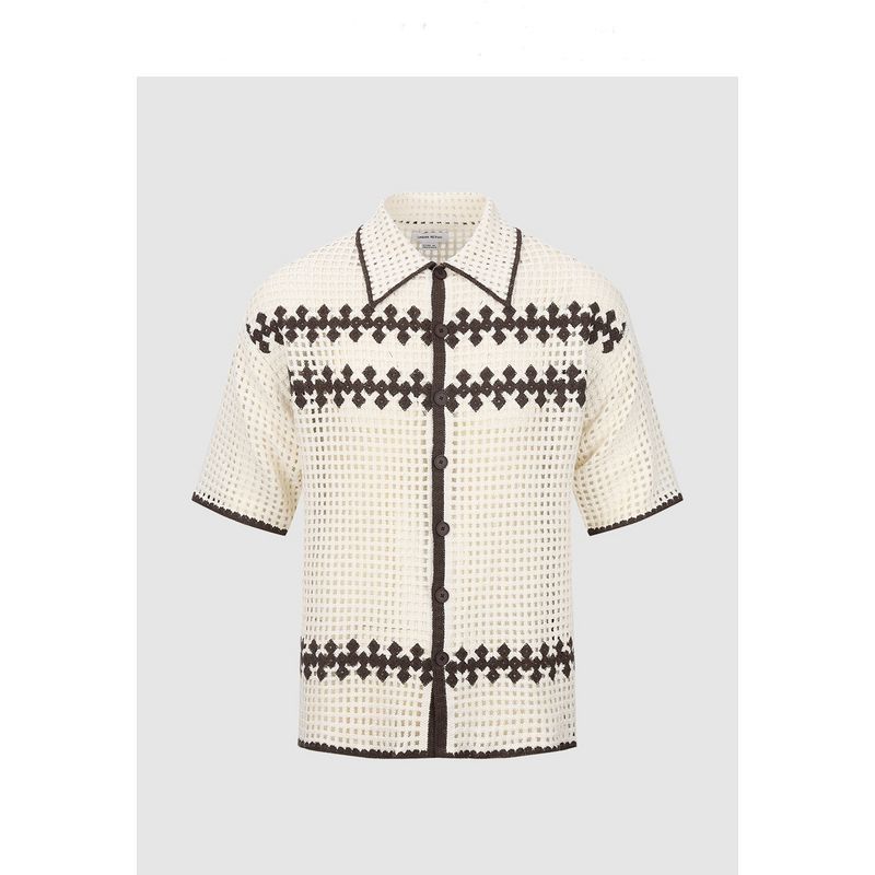 Men’s knit shirt
Vintage button-up shirt
Summer fashion for men
Short sleeve knitwear
Retro aesthetic shirt