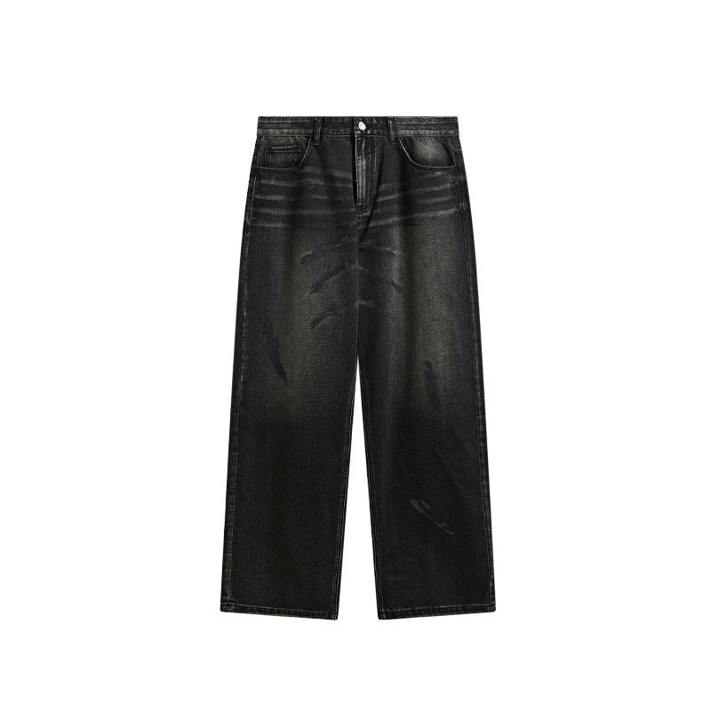 Men's Black Wide-Leg Jeans – Vintage Washed Streetwear Denim