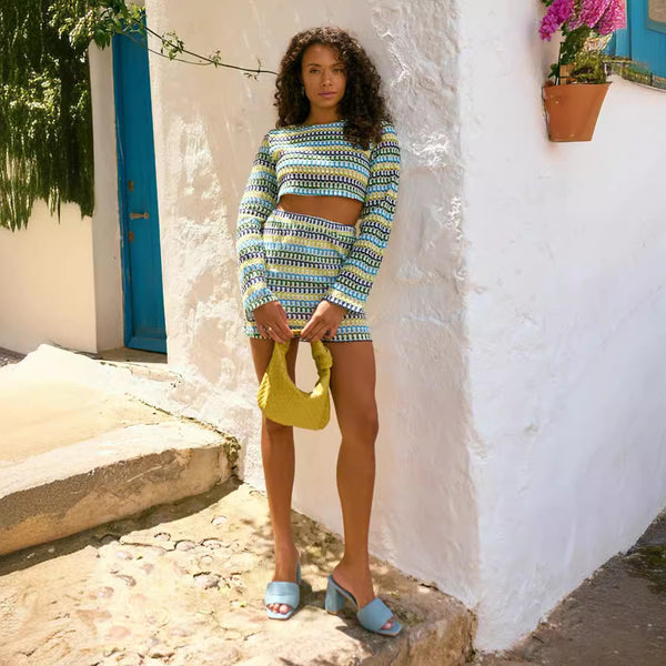striped crochet co-ord set
long sleeve crochet top skirt
mini skirt crochet set
two piece crochet outfit
textured co-ord set
knit crop top skirt set
fashion crochet set
trendy crochet co ord
stylish knit skirt set
unique crochet two piece