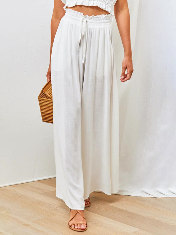  white palazzo pants, wide-leg trousers, high-waisted flowy pants, summer beach pants, elegant white trousers, lightweight boho pants, breathable linen pants, vacation-ready trousers, stylish resort wear, casual chic palazzo.
