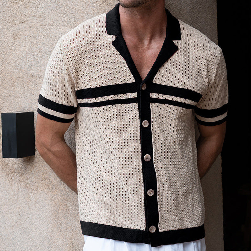 Men’s knit shirt, button-up polo shirt, textured short sleeve top, retro style shirt for men, summer resort shirt, breathable knitwear, vintage casual shirt, contrast collar shirt, lightweight men’s top, stylish beachwear
